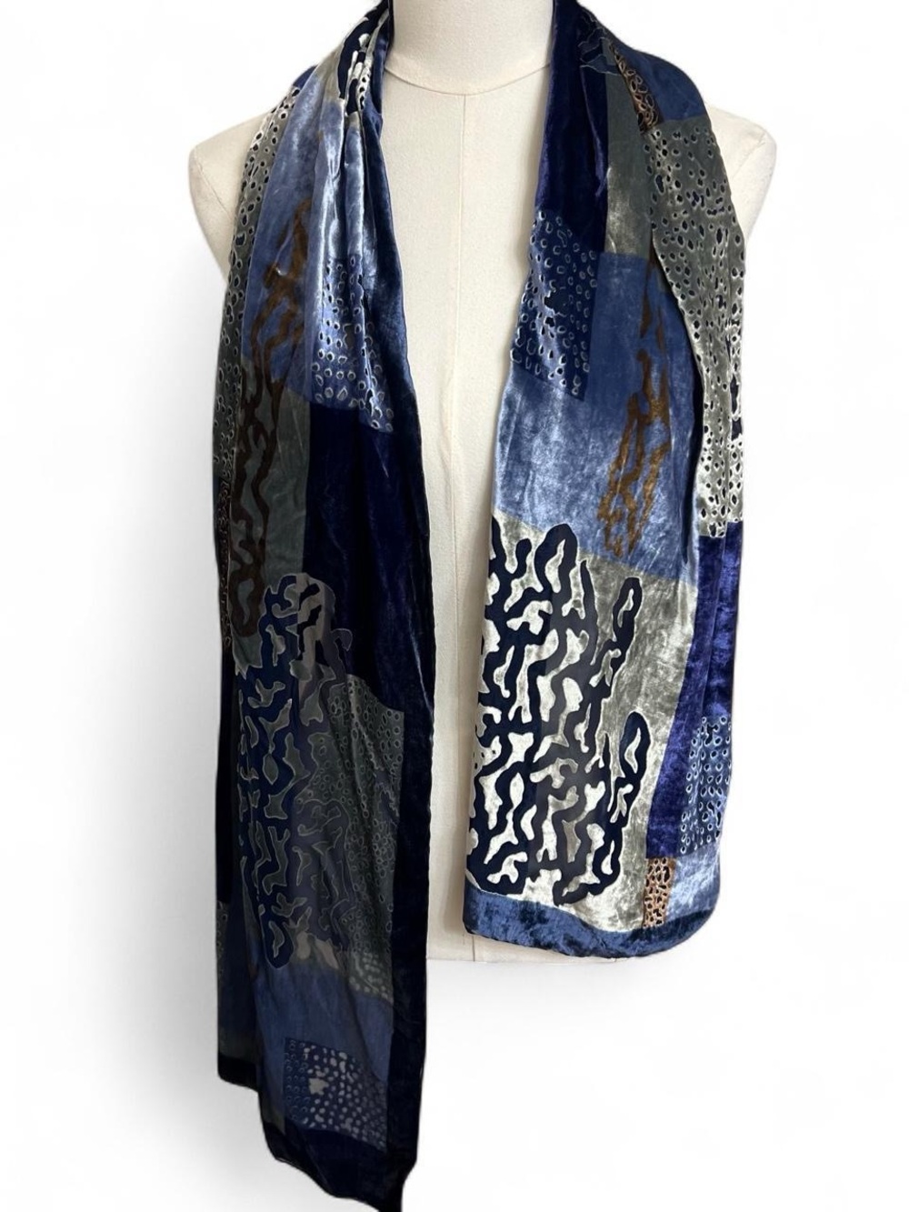 Laura Biagiotti velvet scarf with blue and silver abstract coral-like shapes
